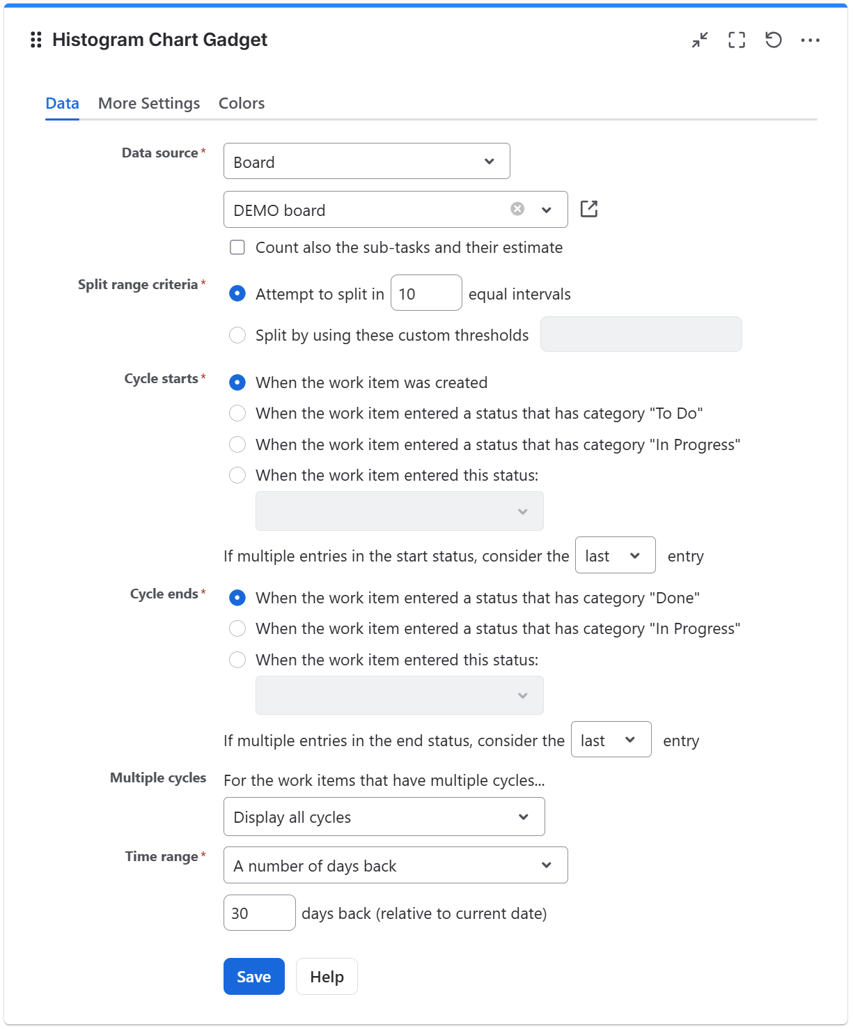 Histogram chart gadget configuration in Jira - data tab.png