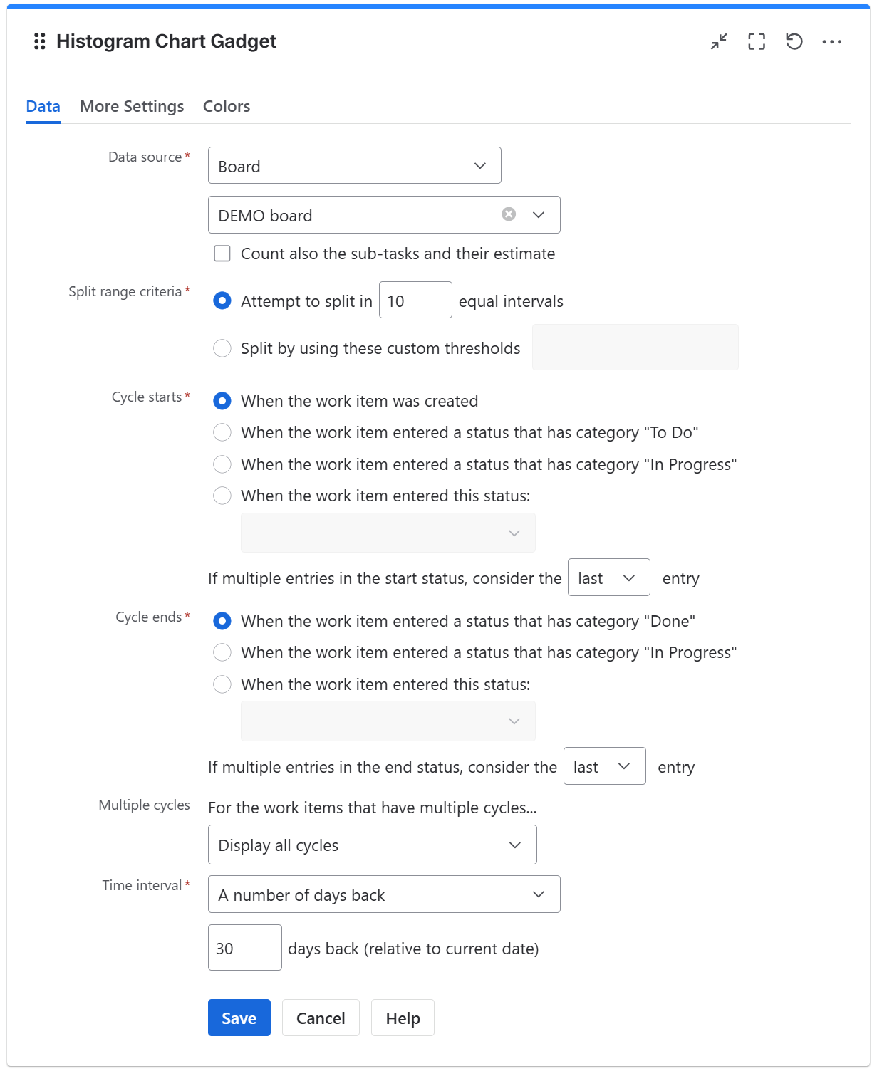 Histogram chart gadget configuration in Jira - data tab.png