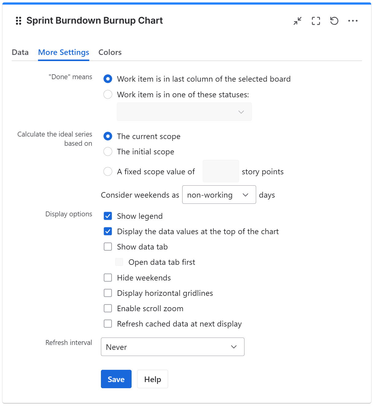 Sprint burndown burnup configuration in Jira - more settings tab.png