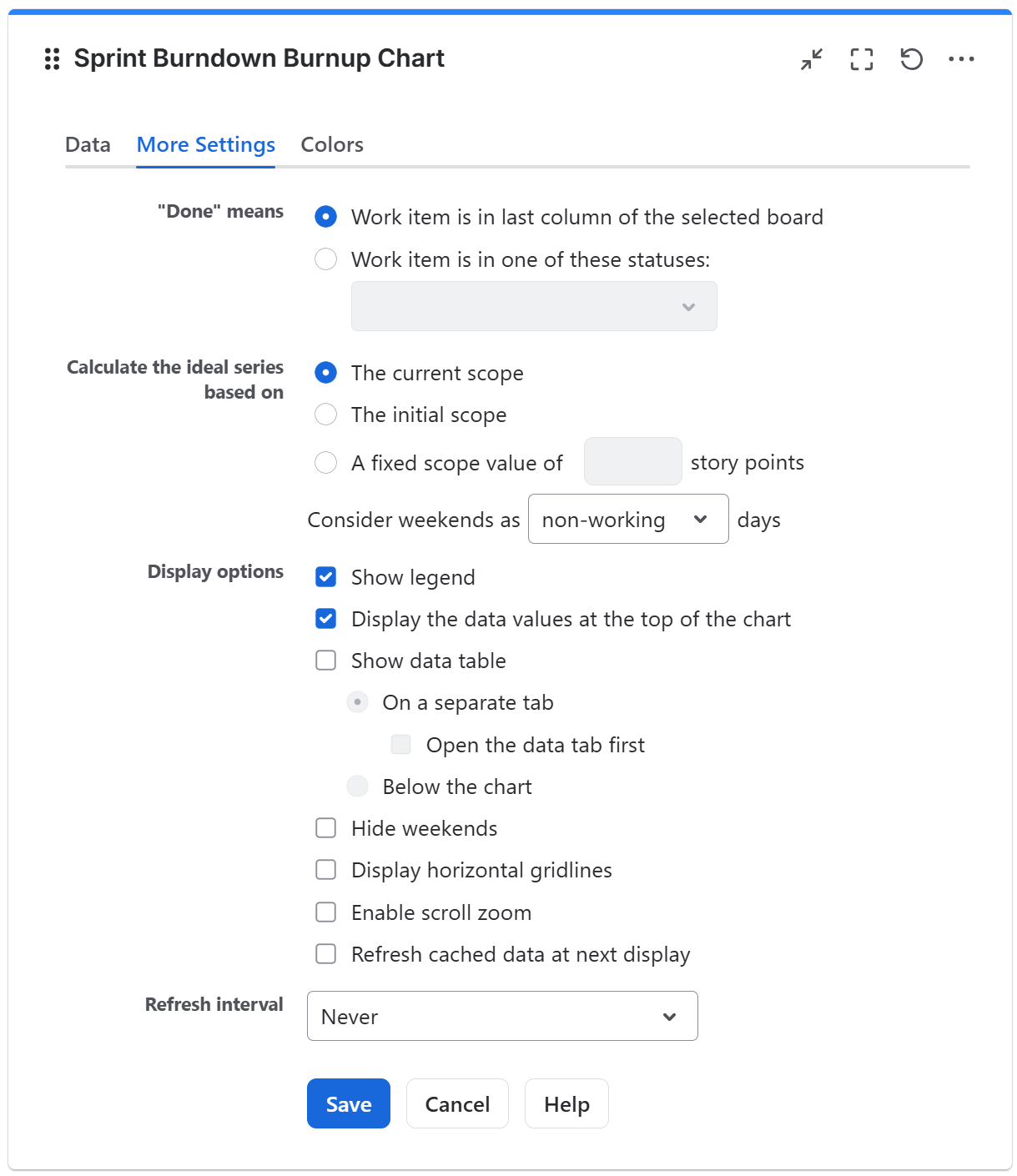 Sprint burndown burnup configuration in Jira - more settings tab.png