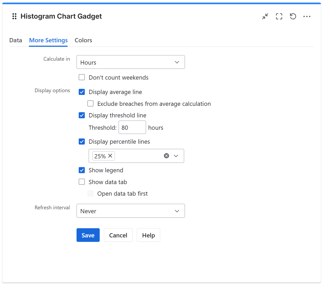 Histogram chart gadget configuration in Jira - more settings tab.png