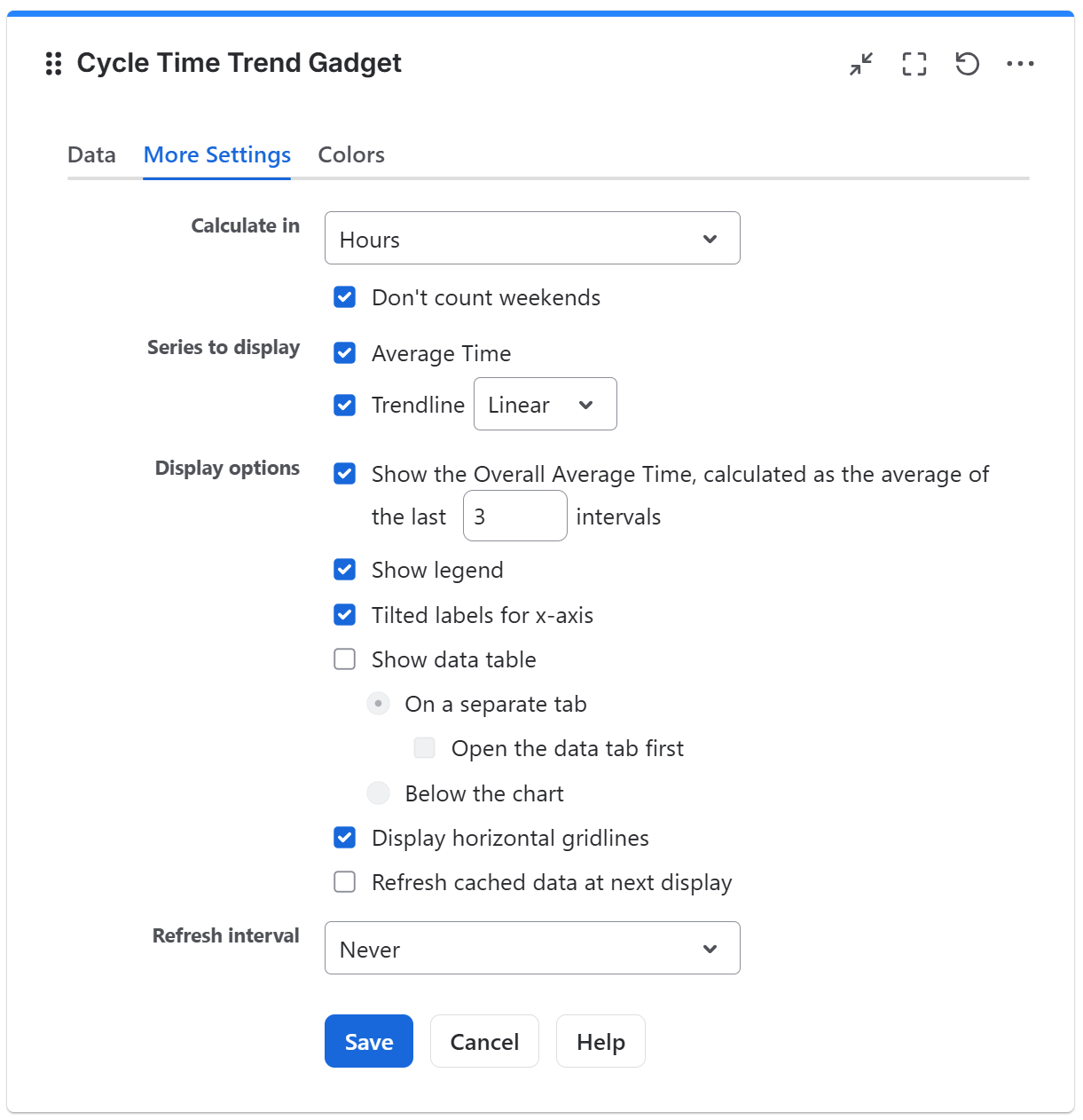 Cycle time trend gadget configuration in Jira - more settings tab.png