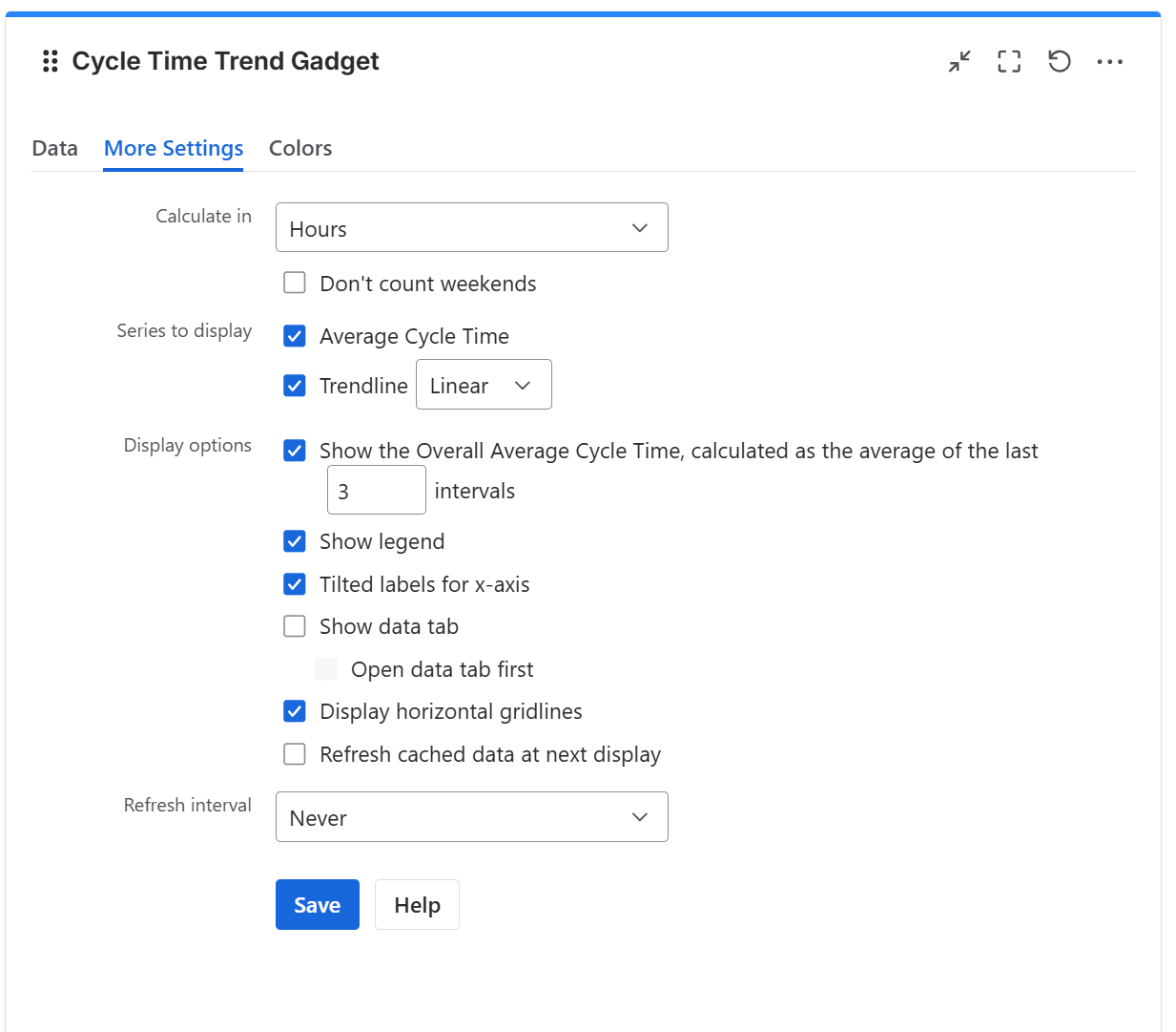 Cycle time trend gadget configuration in Jira - more settings tab.png