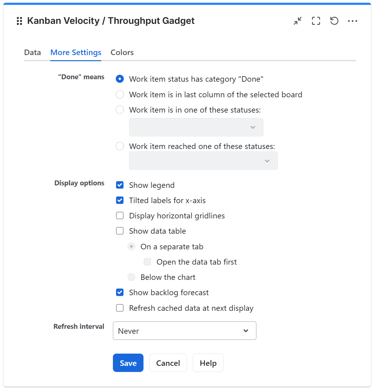 Kanban velocity gadget configuration in Jira - more settings tab.png