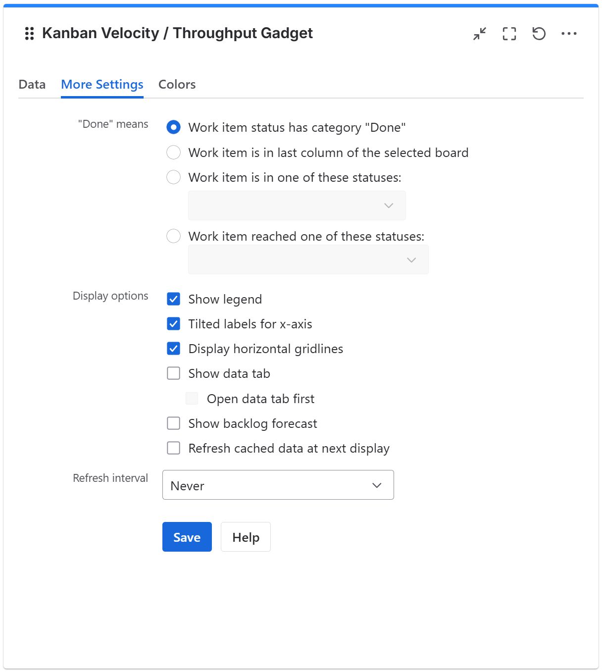Kanban velocity gadget configuration in Jira - more settings tab.png