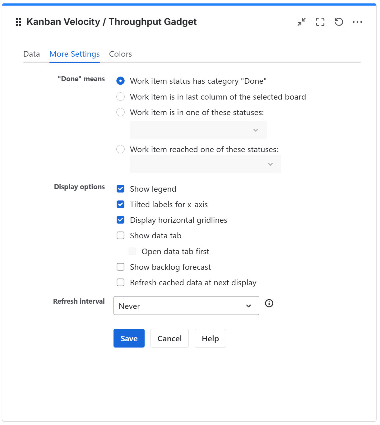 Kanban velocity gadget configuration in Jira - more settings tab.png